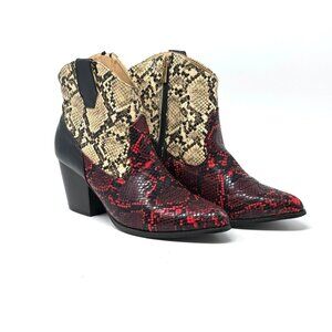 Just Fab Booties Red Beige Faux Snakeskin Zippered SZ 7.5 Pointed Toe